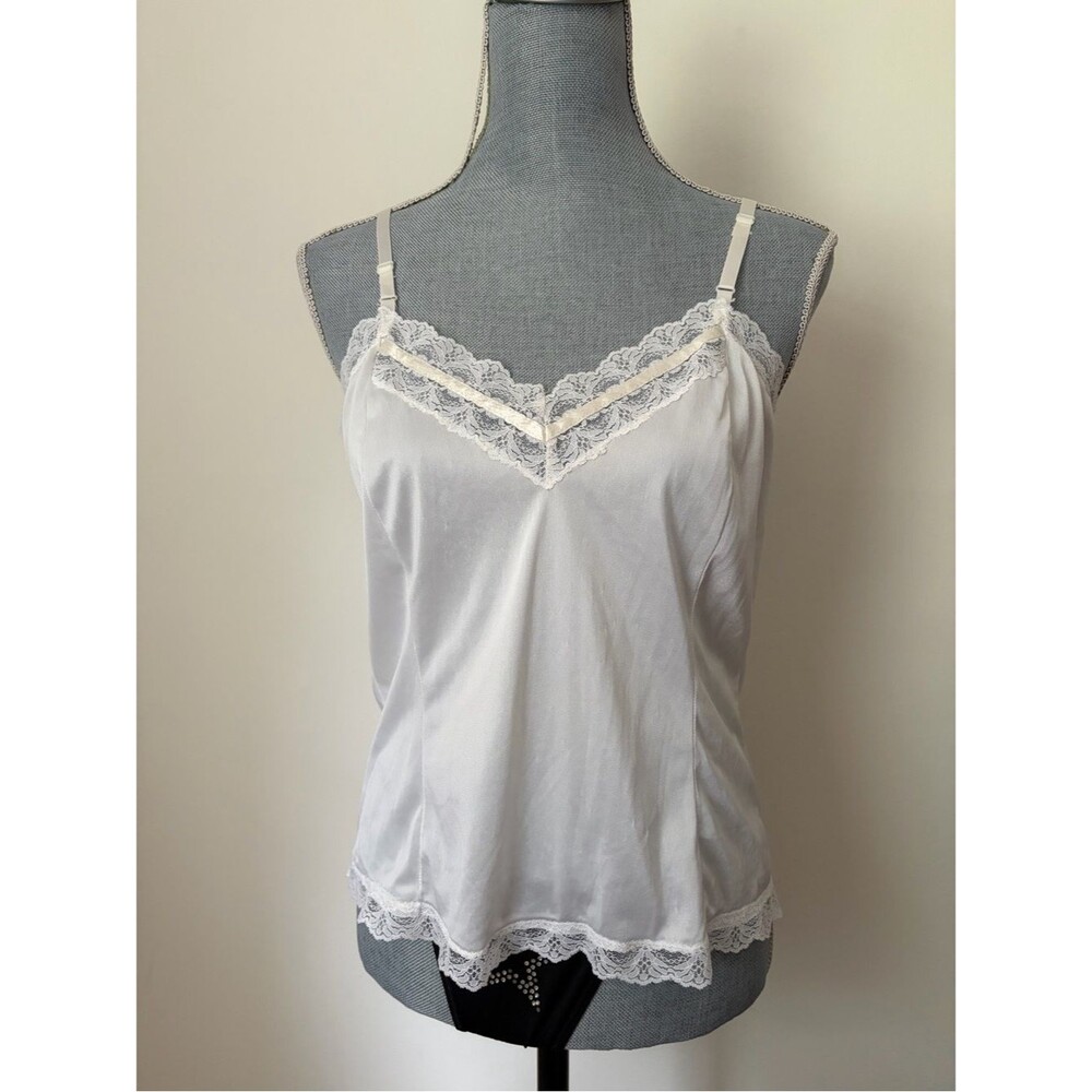 Vintage White Nylon Camisole with Lace Trim and Satin Ribbon